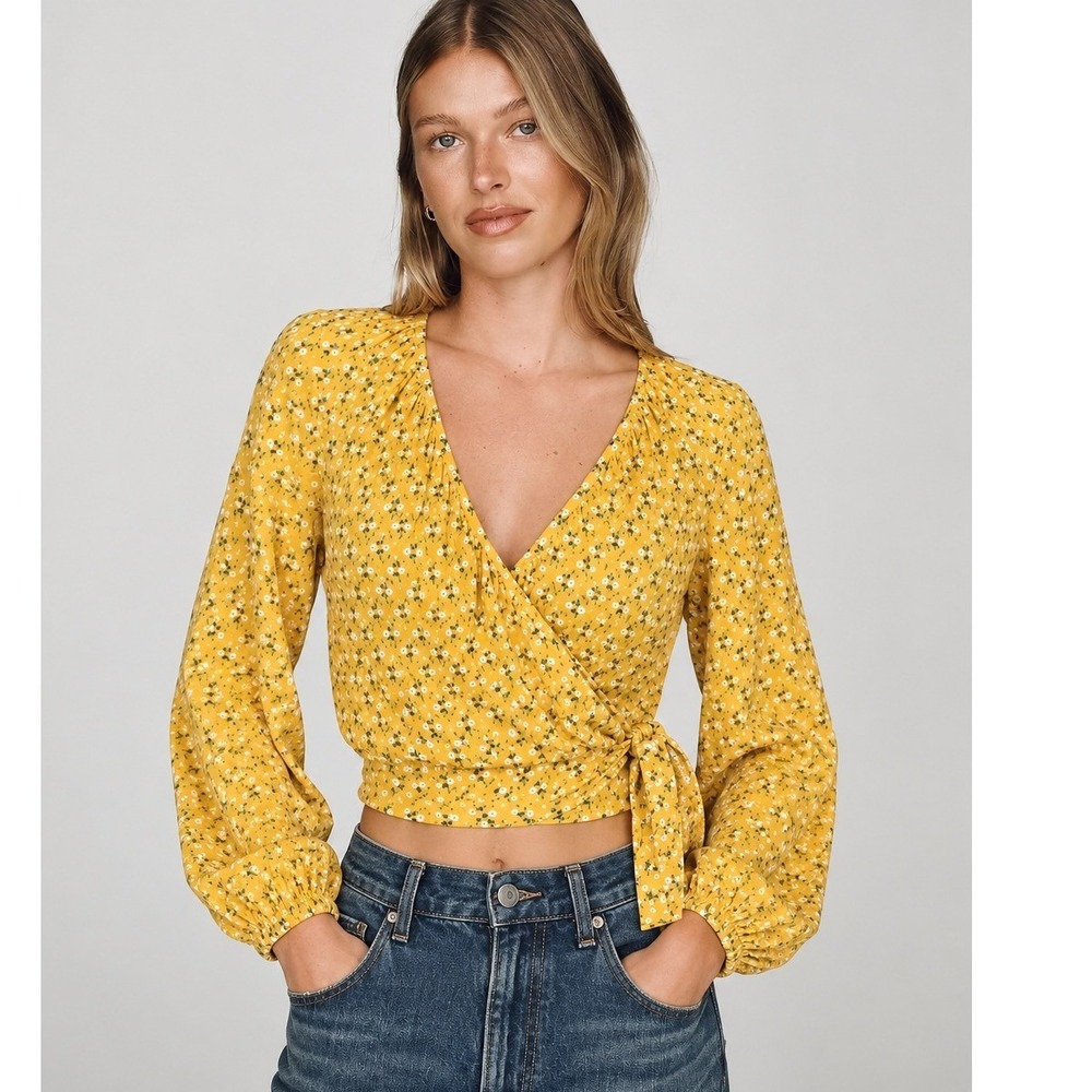 Rhode Wrap Top Womens XXL Yellow Turquoise Dainty Lotus Print Cropped Tie Front